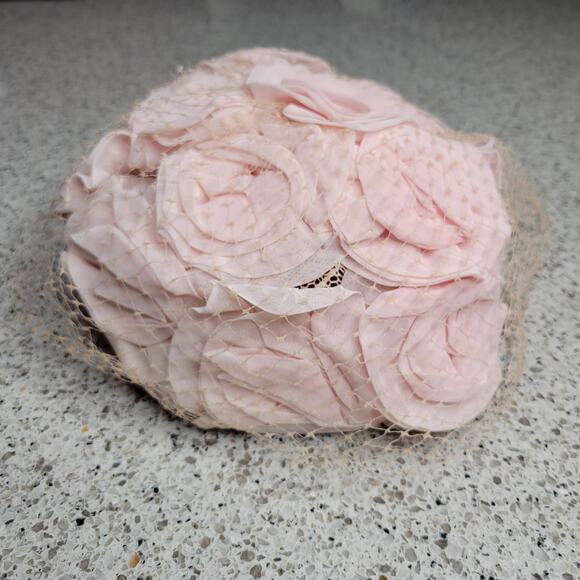VTG Union Made MCM Light Pink Chiffon Floral Veiled Hat Pillbox Kentucky Derby - Picture 13 of 16